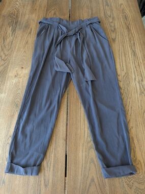 Lush Women's Blue Grey Cuffed Pants With Tie Waistband Size Medium Side Zip Clos